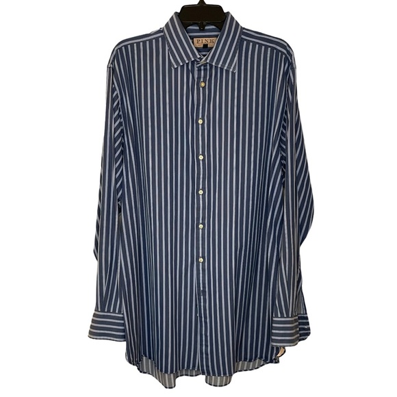 Thomas Pink 100% Cotton Dark Blue & White Striped Button Down. Size 17 1/2 - 37 - Picture 2 of 12
